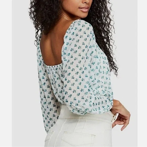 Free People NWOT Sweetie Pie Floral Sheer Mesh Crop Top - Floral Green/ Blue - Picture 2 of 10